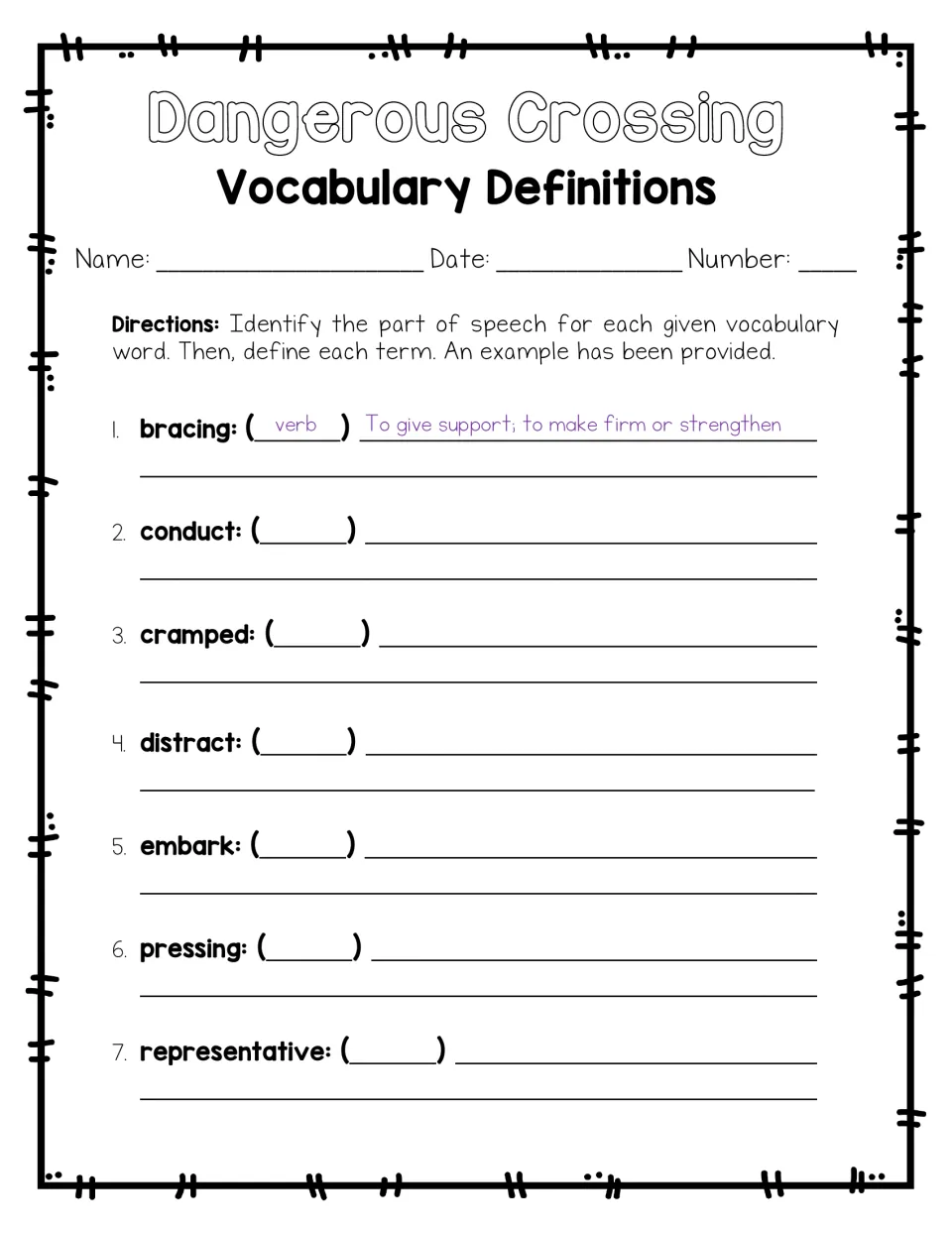 Vocabulary definitions: students write the part of speech and meaning of words 1 to 7; bracing is modeled