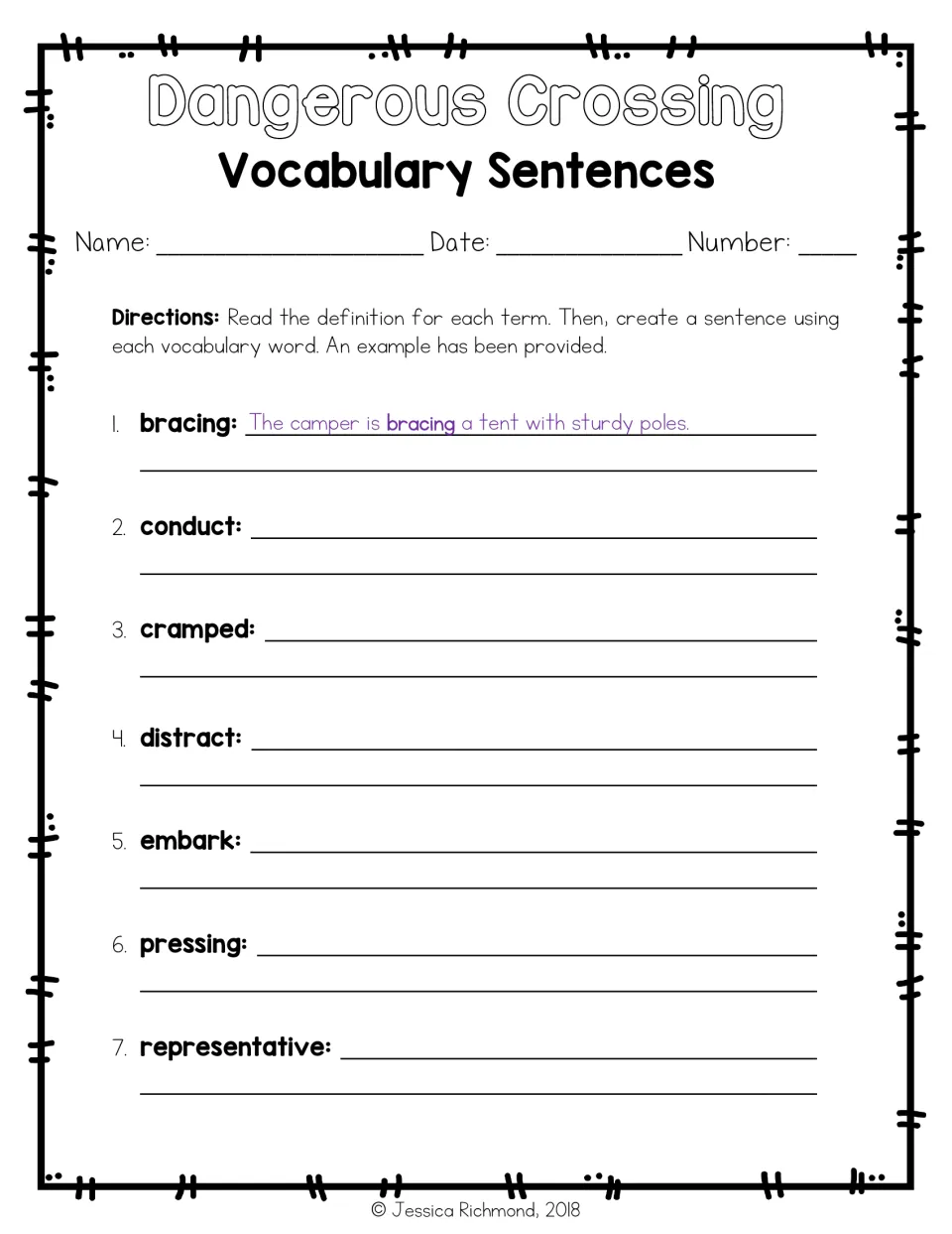 Vocabulary sentences: students write an original sentence for words 1 to 7, with a model sentence given for bracing