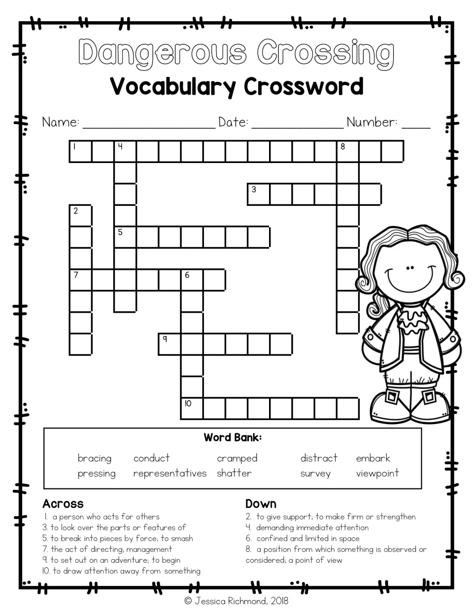 Vocabulary crossword: students solve 10 definition clues across and down using a word bank