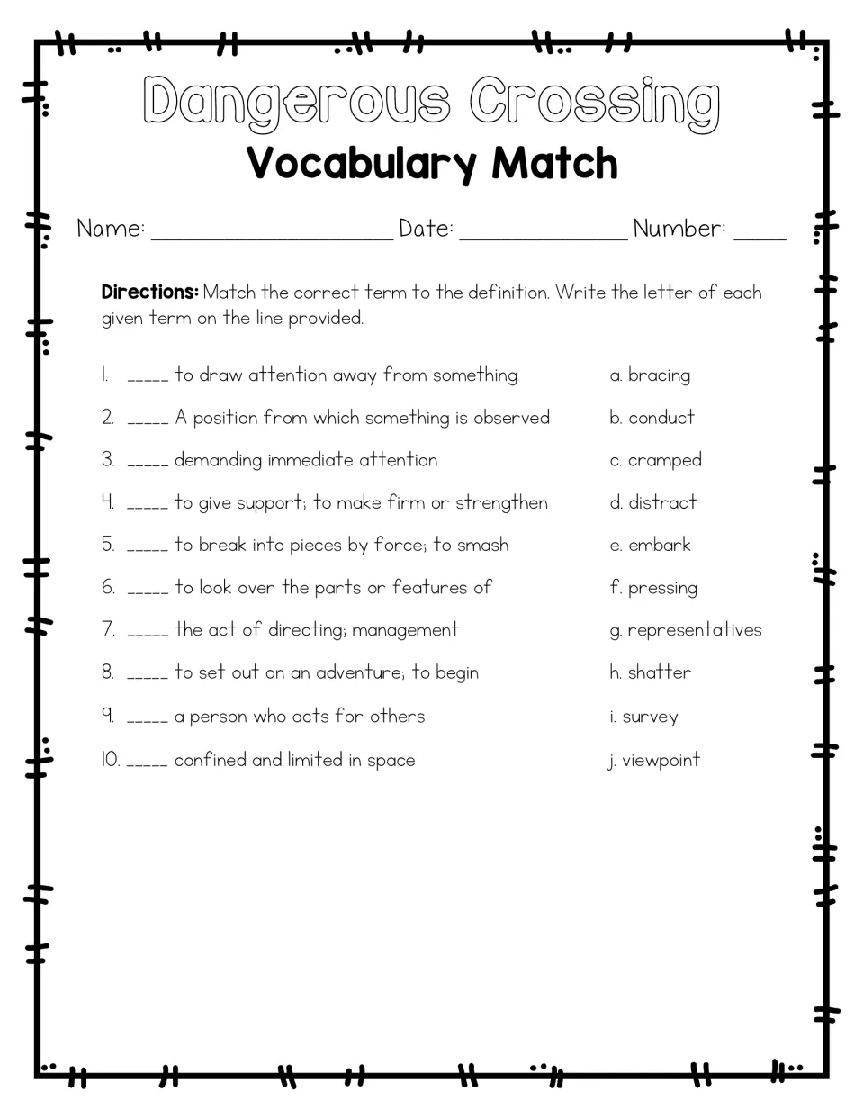 Vocabulary match: students write the letter of the correct term, a to j, beside each of 10 definitions