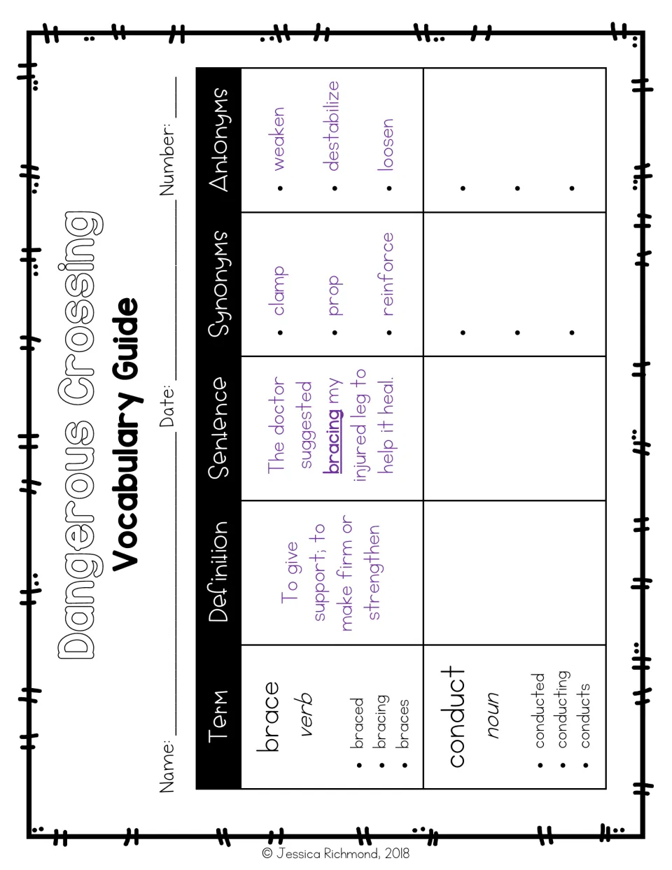 Vocabulary guide chart: term, definition, sentence, synonyms and antonyms, filled in for brace, blank for conduct