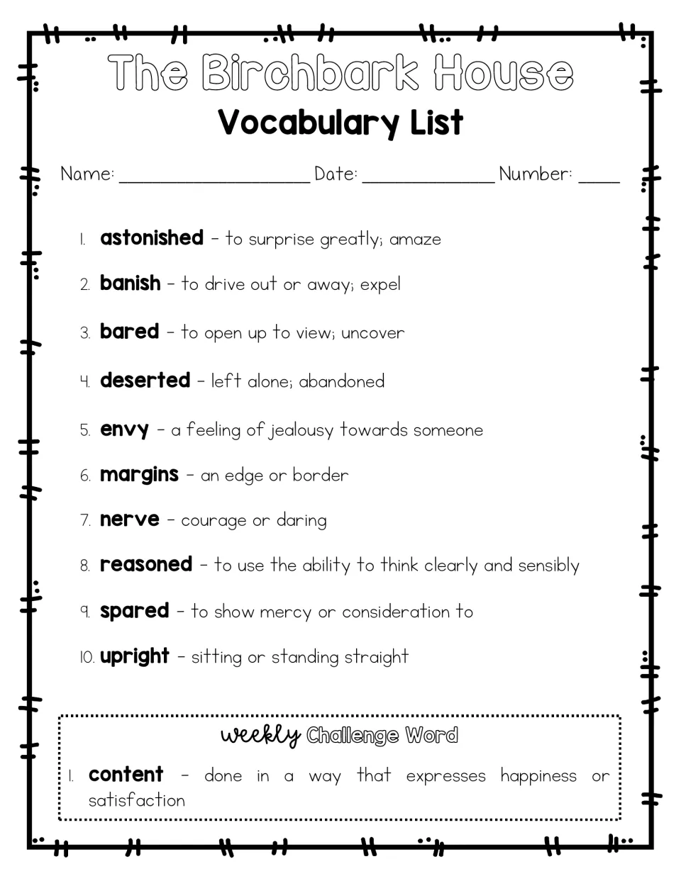 Vocabulary list of 10 lesson words, astonished to upright, each with a short definition, plus challenge word content