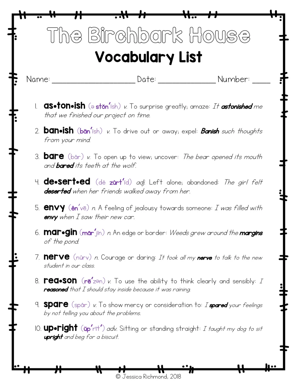 Dictionary-style vocabulary list giving each word's pronunciation, part of speech, definition and an example sentence