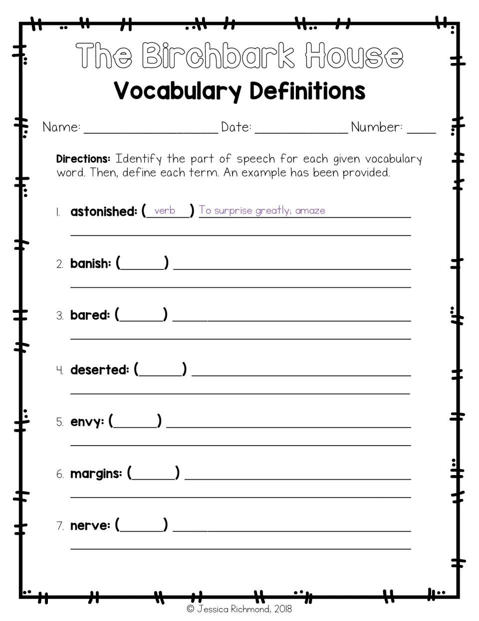 Vocabulary definitions: students write the part of speech and a definition for words 1-7, with astonished modeled