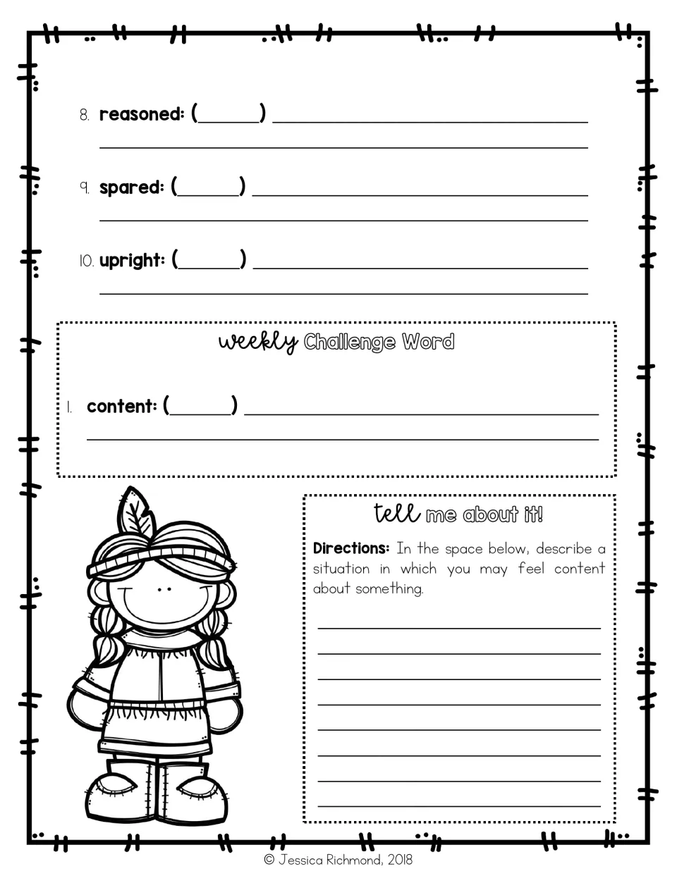 Definitions continued for reasoned, spared and upright, then challenge word content and a prompt to describe feeling content