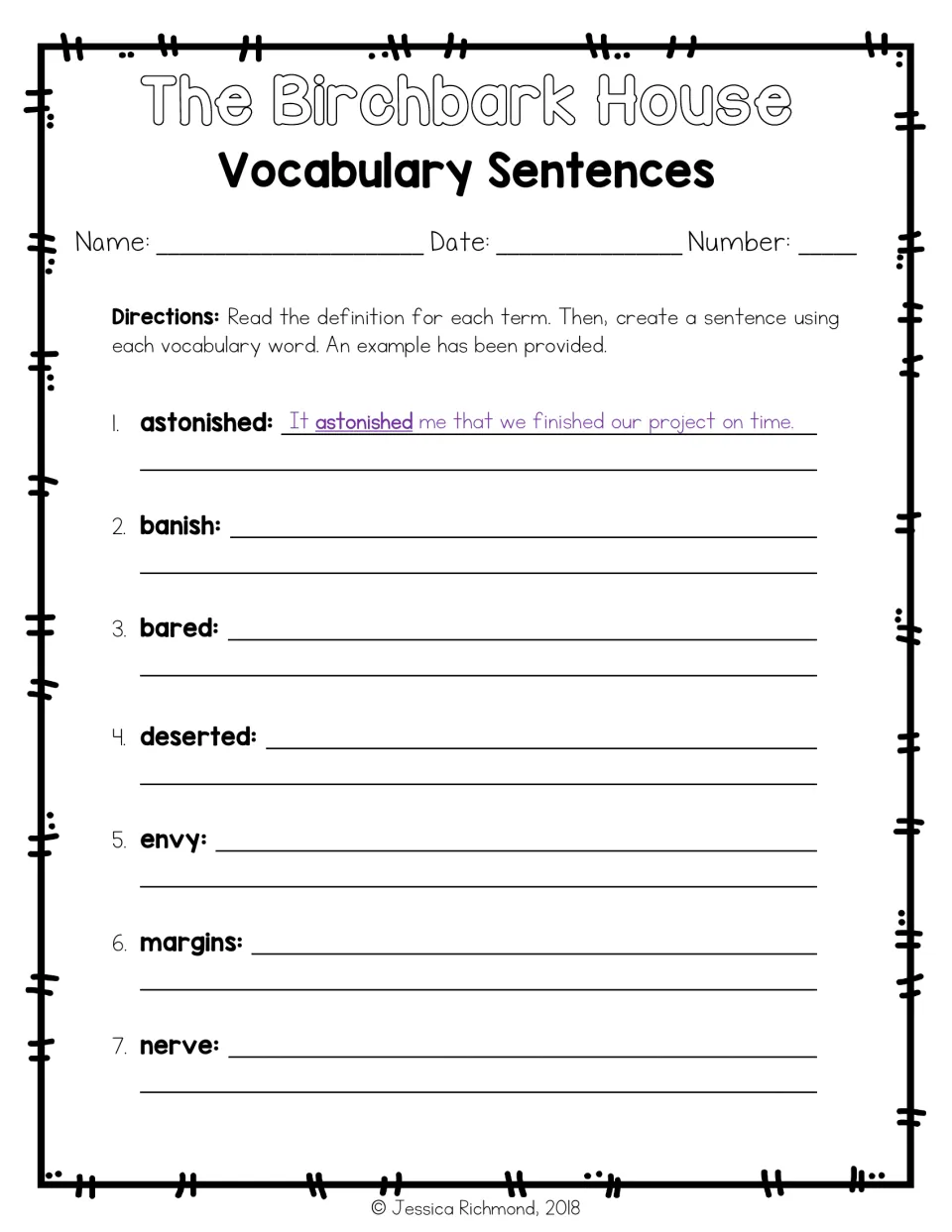 Vocabulary sentences: students read each definition and write an original sentence for words 1-7, modeled with astonished