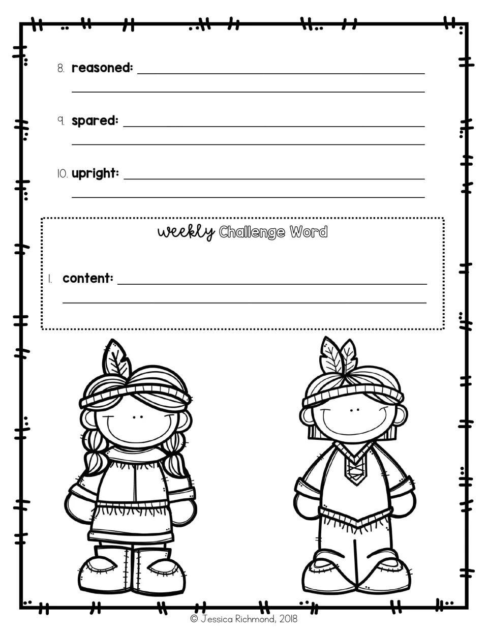 Sentence writing continued for reasoned, spared, upright and the challenge word content, with two cartoon children