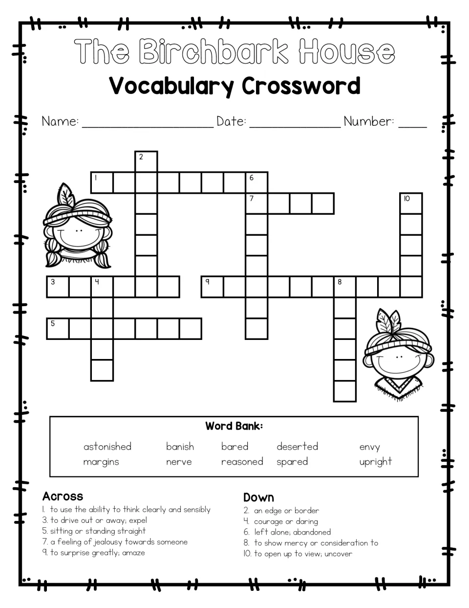 Vocabulary crossword: students solve 5 across and 5 down definition clues using a word bank of the 10 lesson words