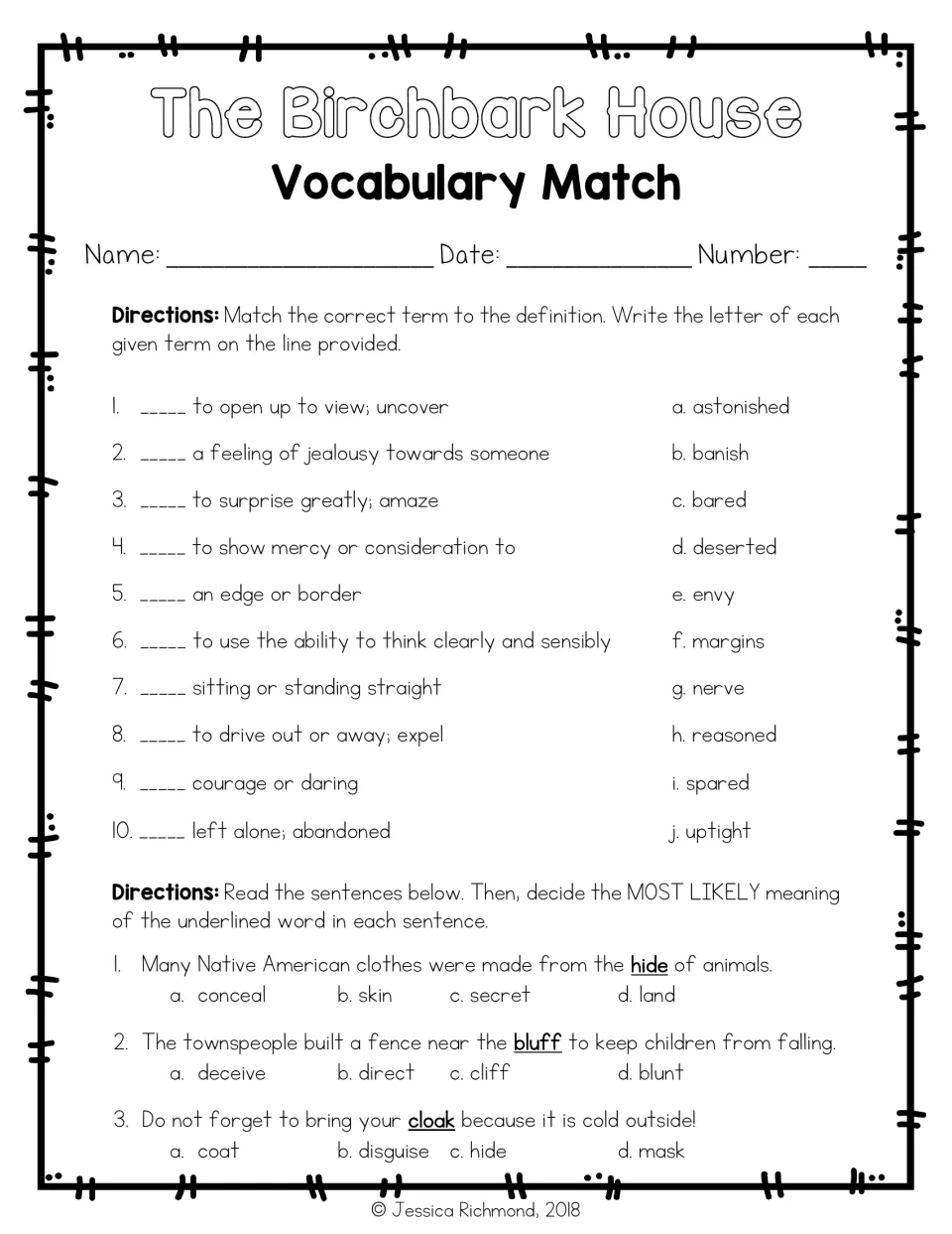 Vocabulary match: students write the letter of each term by its definition, then pick meanings of hide, bluff and cloak