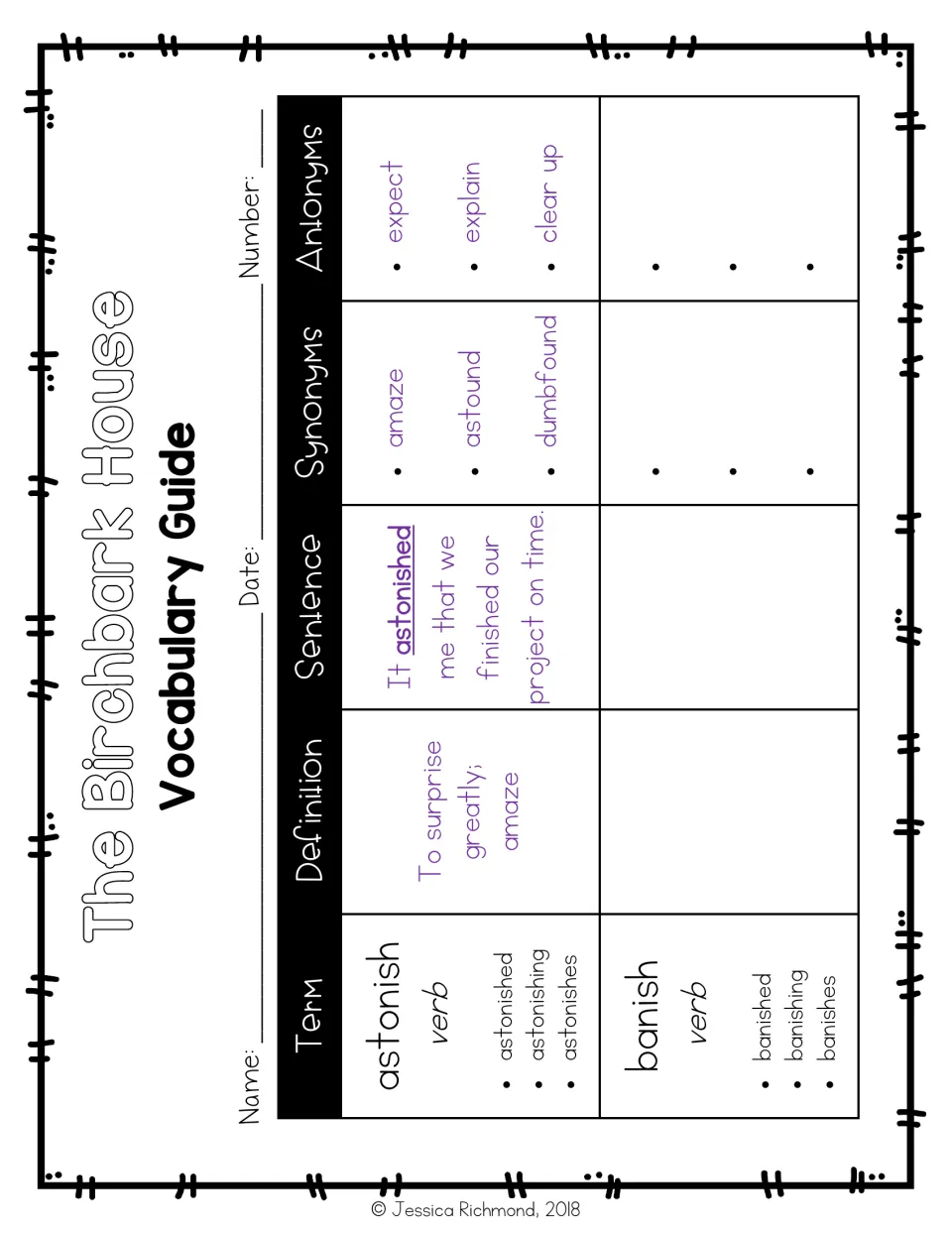 Vocabulary guide chart for astonish and banish: term forms, definition, sentence, synonyms and antonyms, astonish modeled