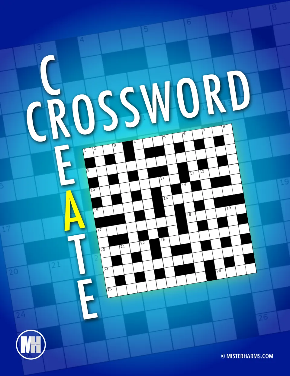 Create A Crossword cover: the title spelled across and down a sample numbered crossword grid, from Mister Harms
