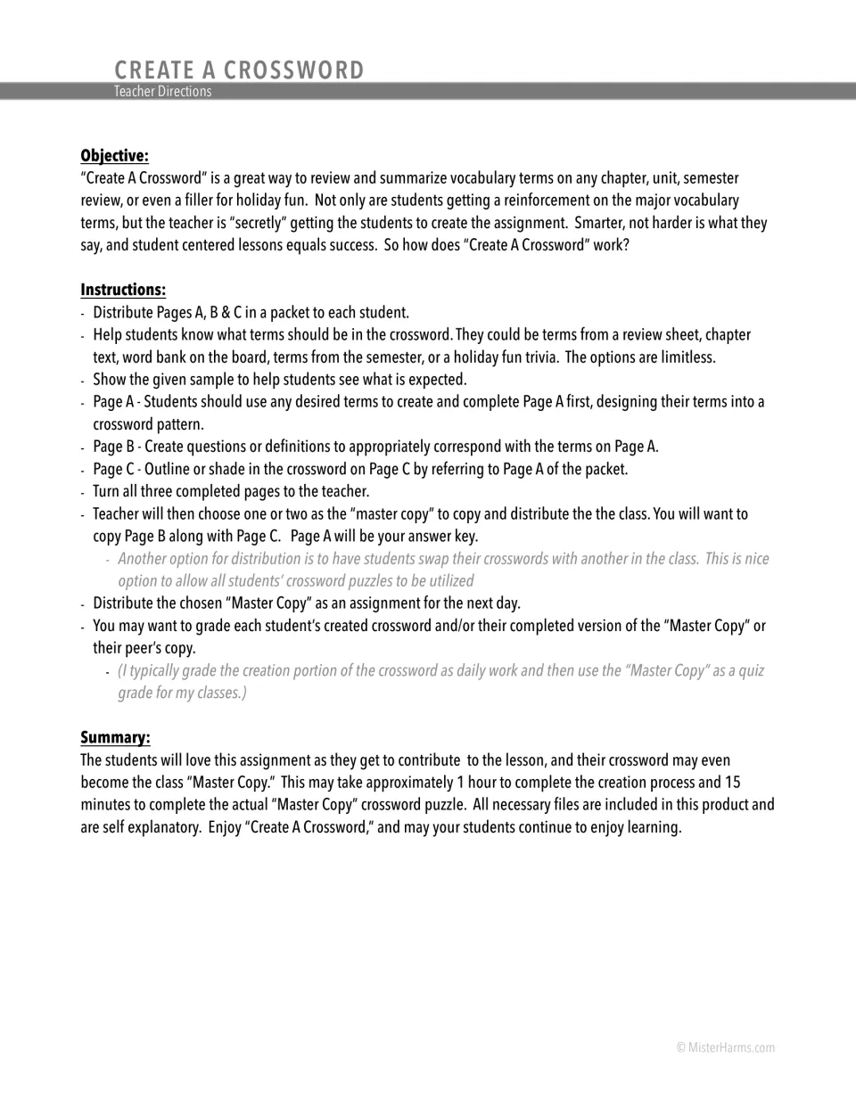 Create A Crossword teacher directions: objective, steps for Pages A, B and C, choosing a master copy, and grading tips