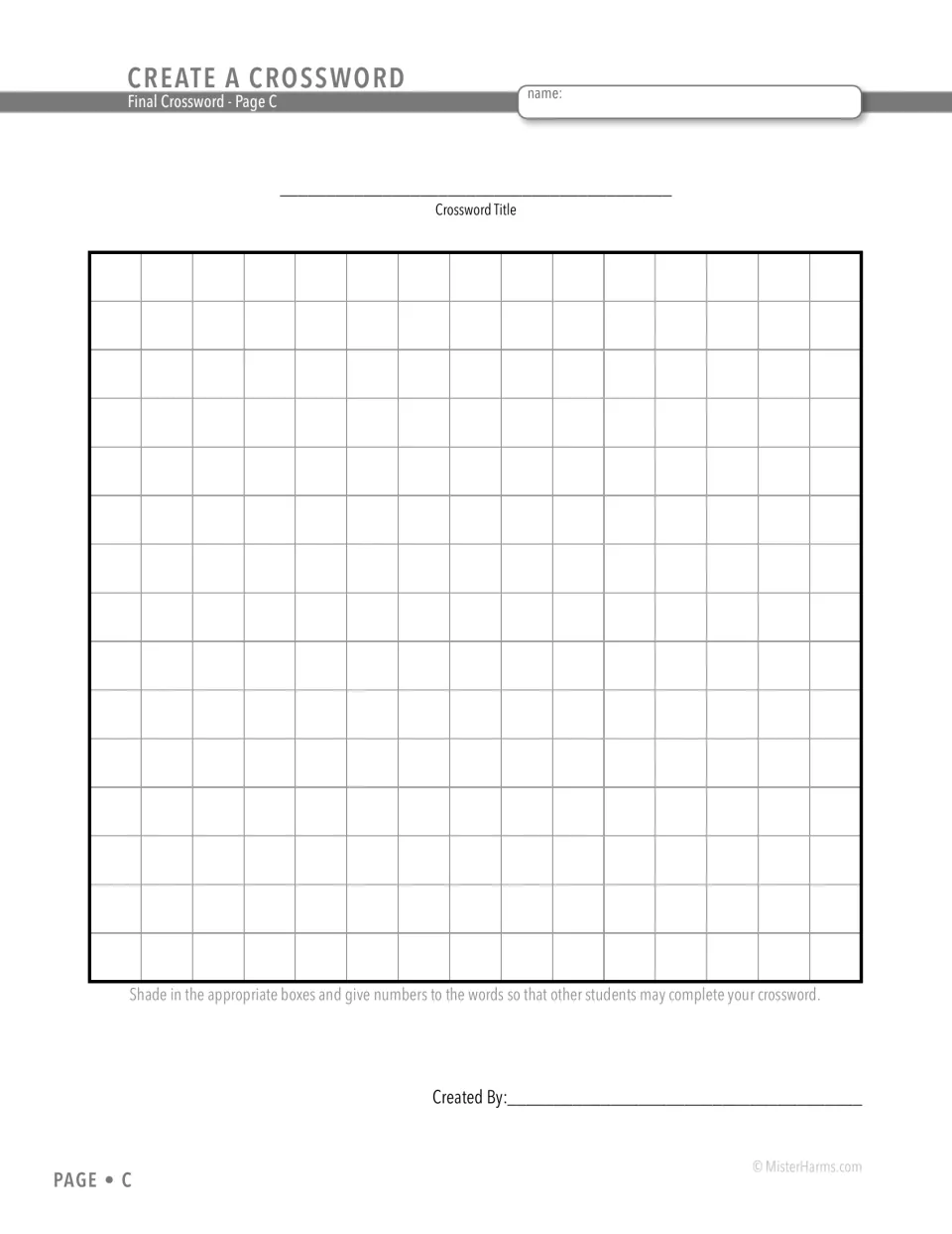 Final Crossword Page C: students add a title, shade unused squares and number each word so classmates can solve it
