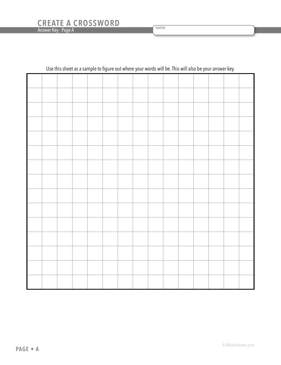 Page A planning grid: students sketch where each vocabulary term fits in the crossword; this sheet becomes the answer key