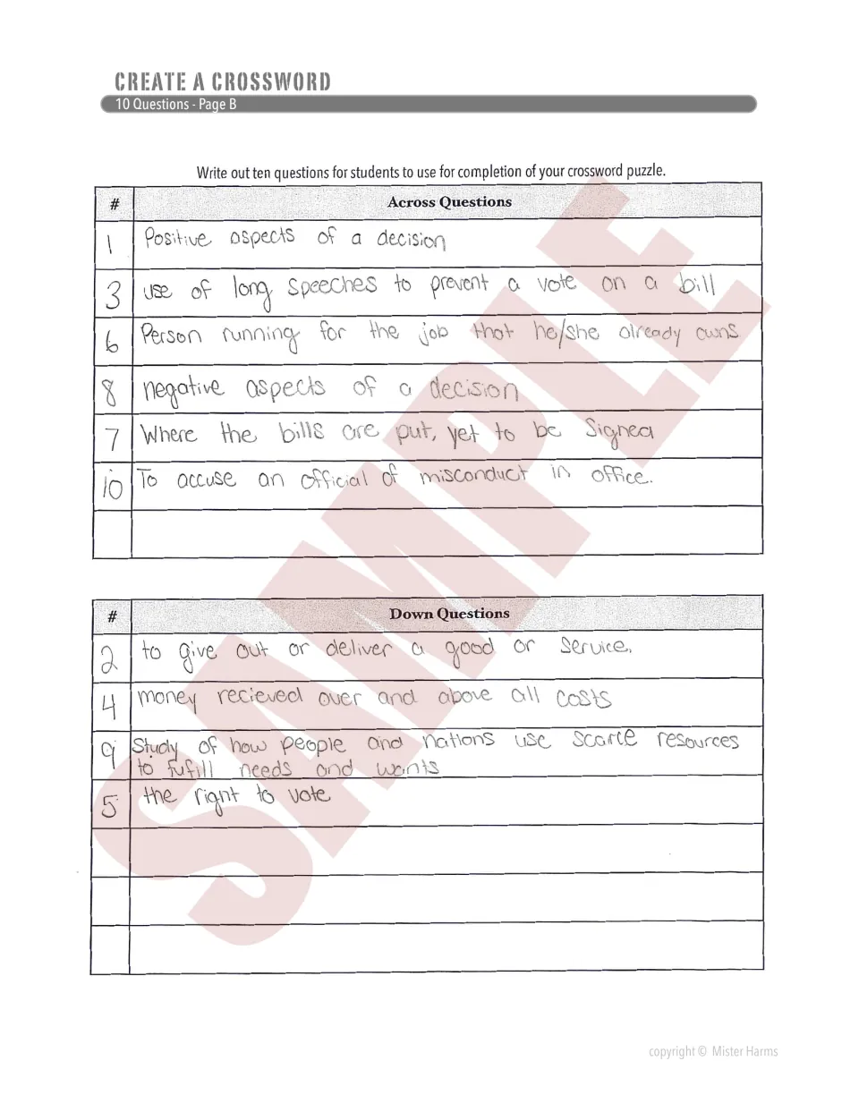 Sample Page B with handwritten civics and economics clues, like 'the right to vote' and 'negative aspects of a decision'
