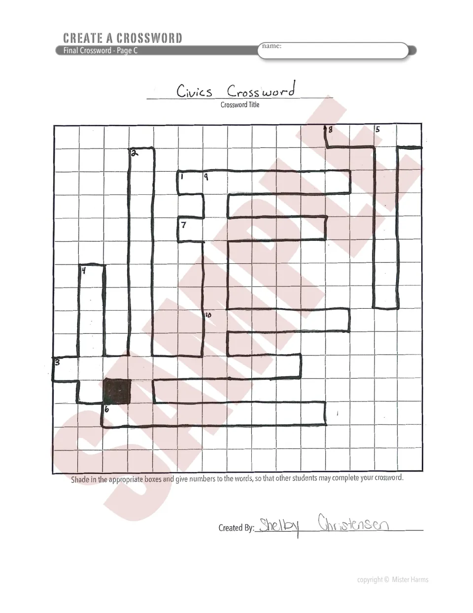 Sample Page C titled Civics Crossword: a student's outlined, numbered word spaces ready for classmates to solve
