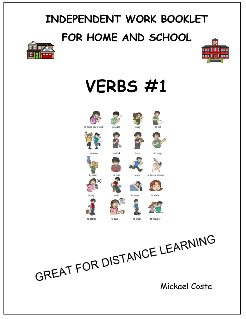 Cover of the verb vocabulary booklet for home and school, showing illustrated actions and naming Michael Costa