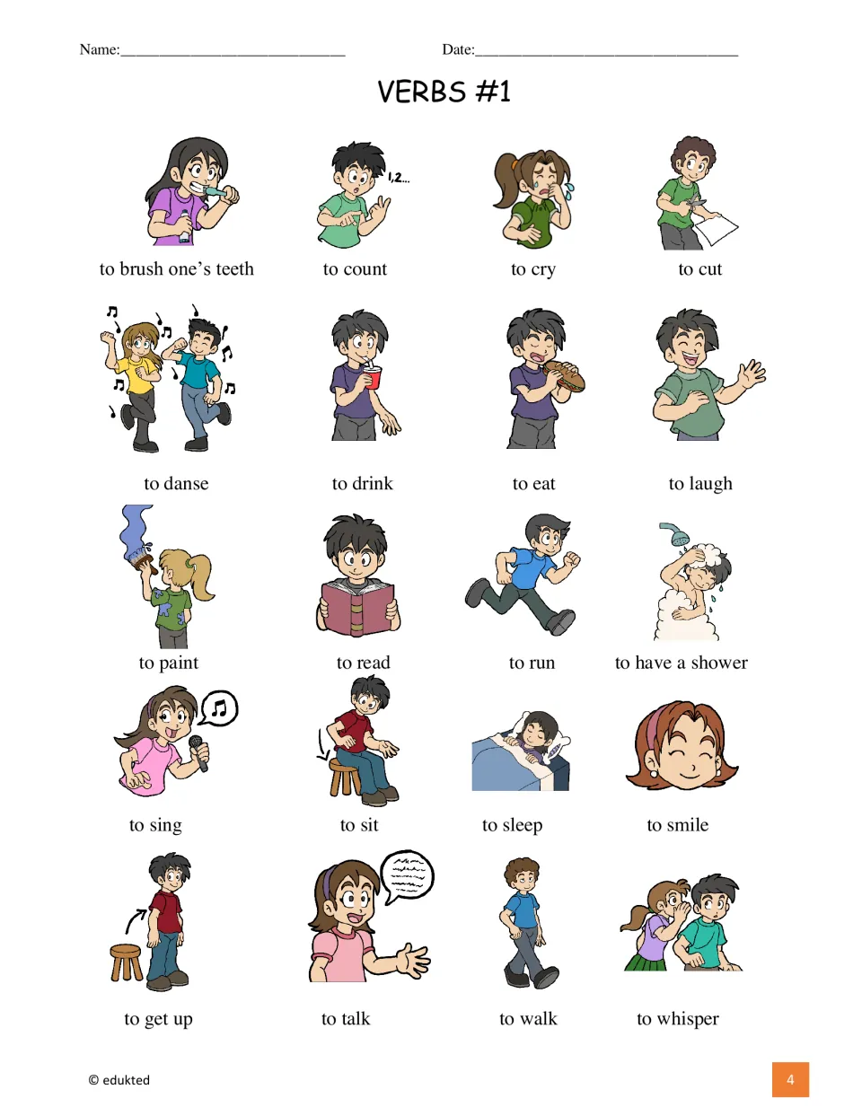 Verb reference sheet pairs 20 action pictures with labels, including count, cry, cut, drink, eat, and read