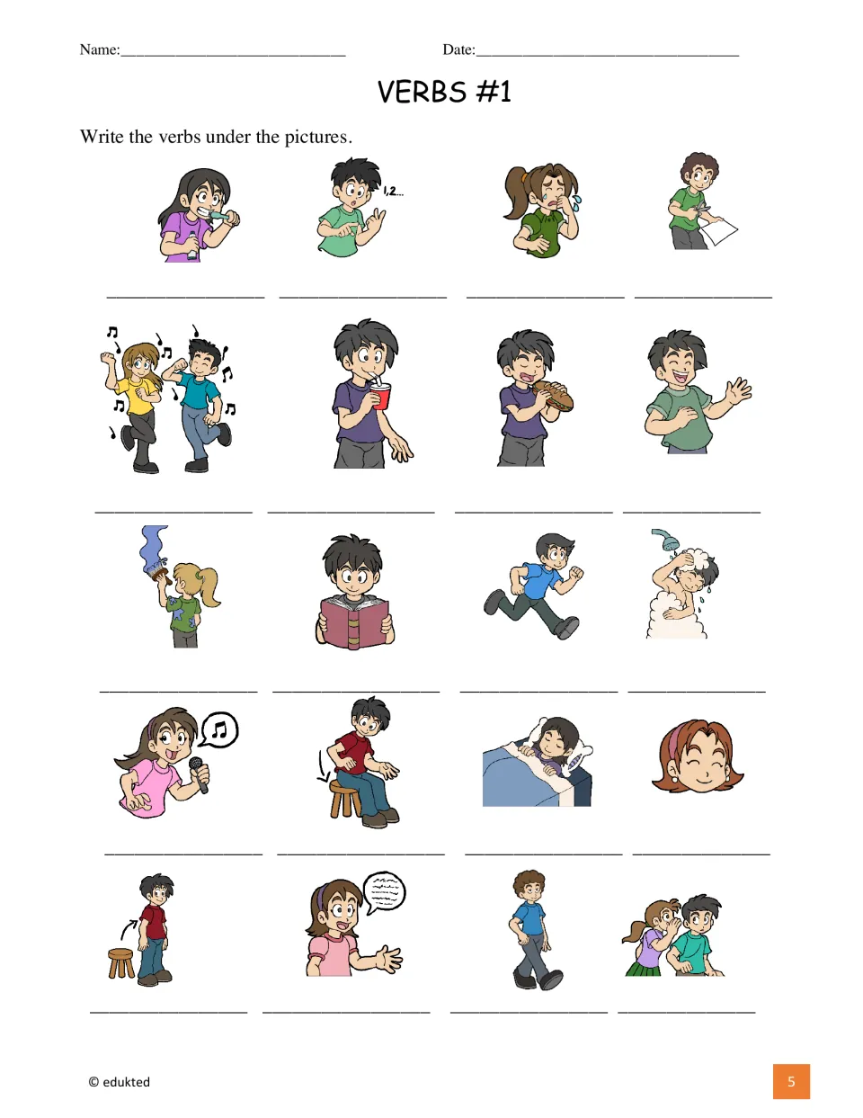 Verb labeling activity asks students to name 20 pictured actions, including brushing teeth, running, and singing