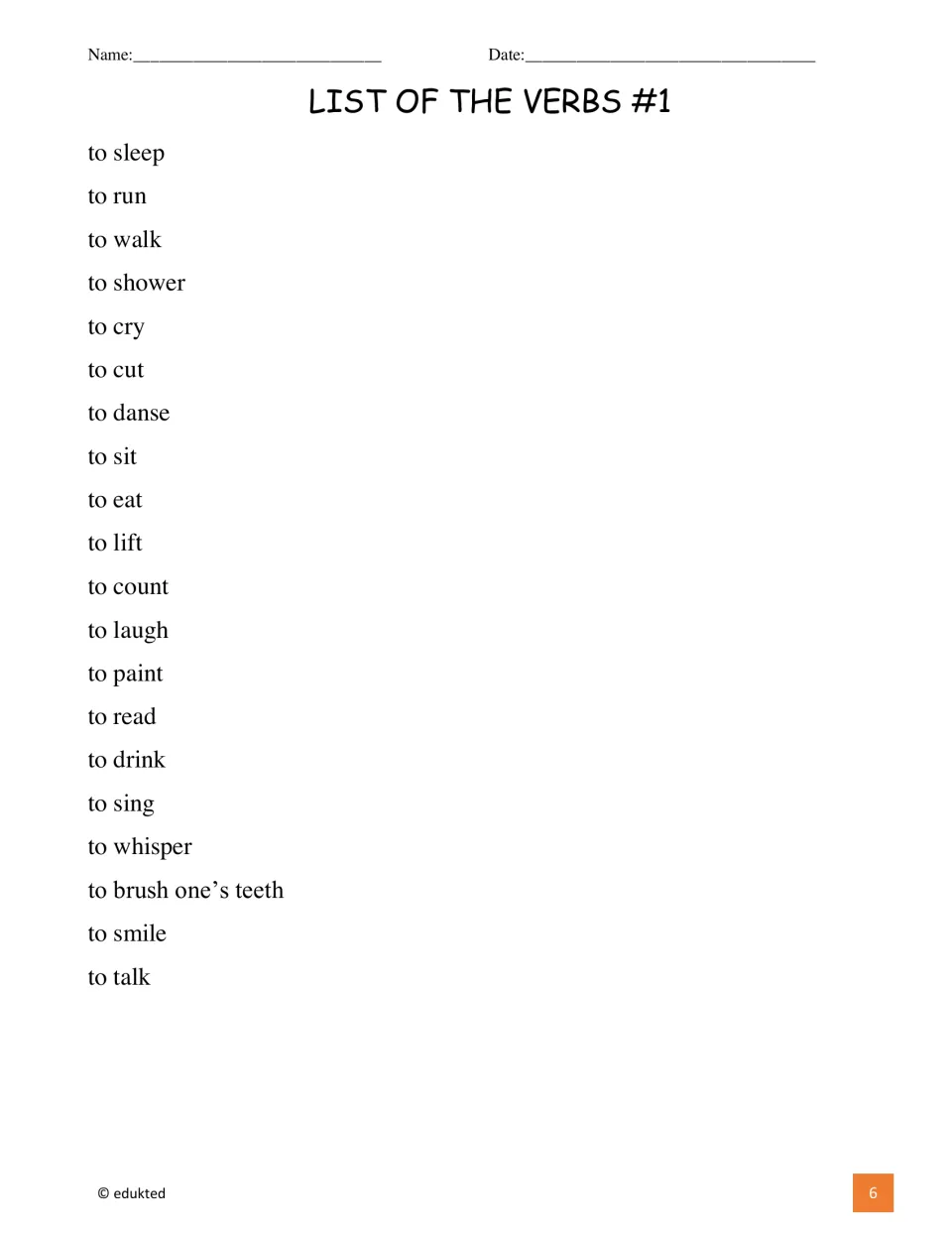 Verb vocabulary list supplies 20 entries, including to sleep, to run, to walk, to shower, to lift, and to talk