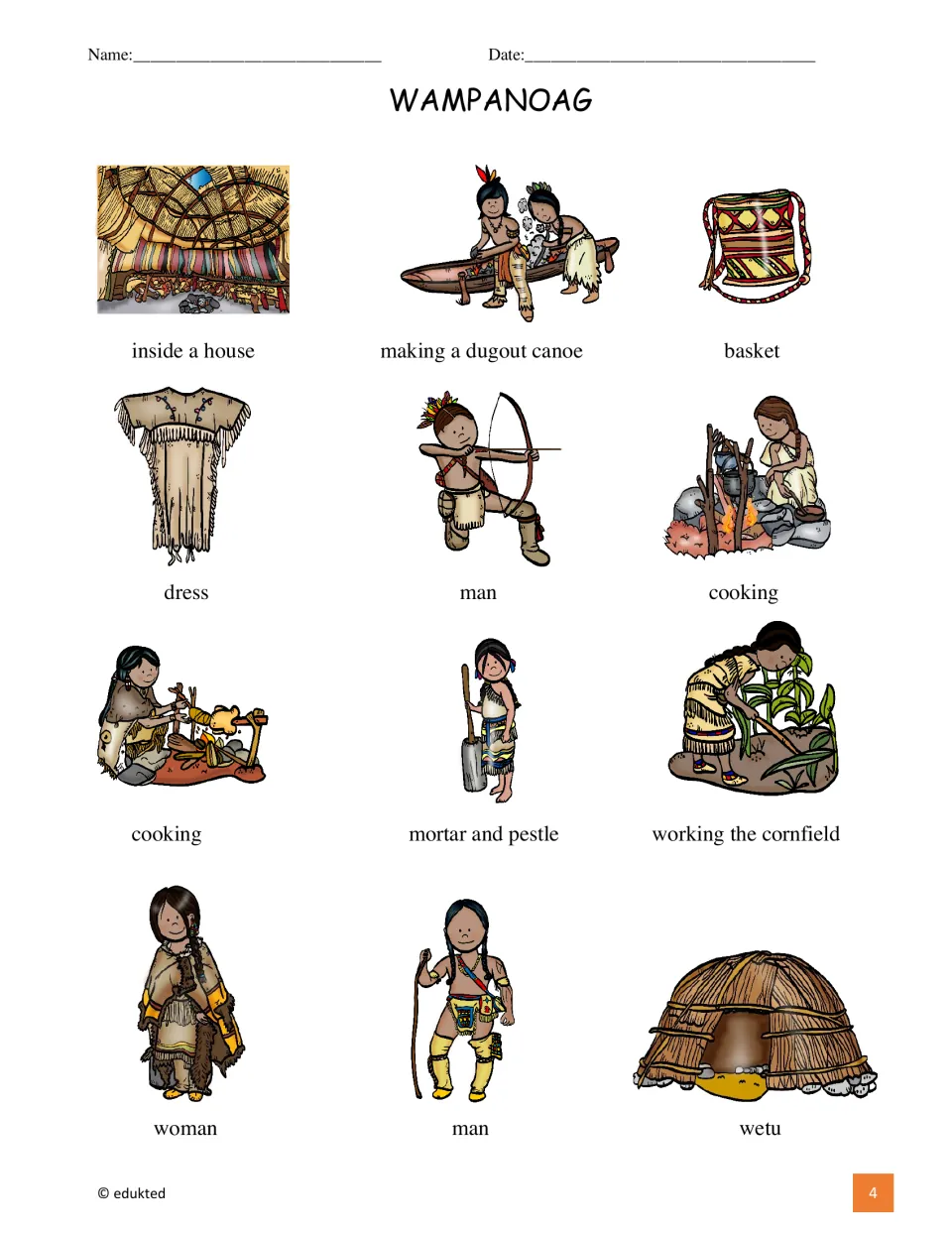 Wampanoag vocabulary reference shows 12 labeled pictures, including a wetu, basket, and dugout canoe making.