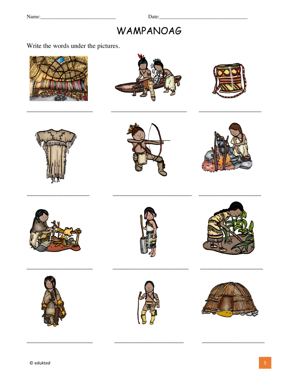 Wampanoag labeling activity asks students to write vocabulary words under 12 pictures from the reference.