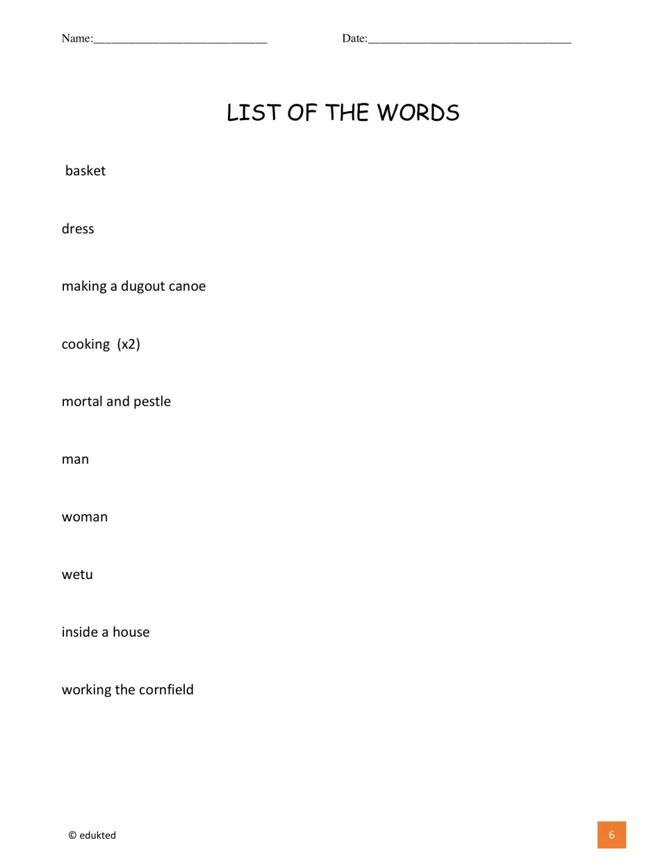 Booklet vocabulary list includes basket, dress, cooking, woman, wetu, and phrases about daily activities.