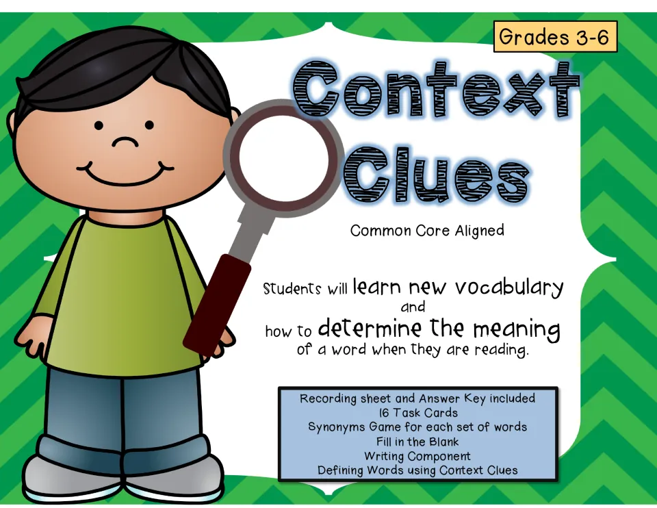 Context Clues resource cover listing 16 task cards, synonym games, recording sheets, and writing activities