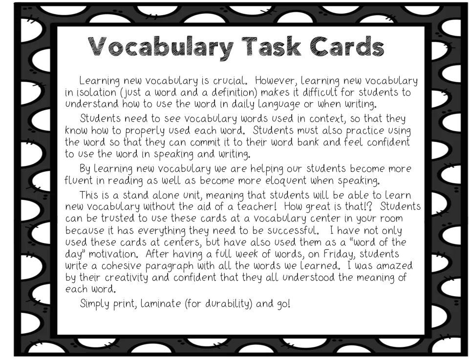 Teacher introduction explaining vocabulary in context, center use, and a weekly paragraph using learned words