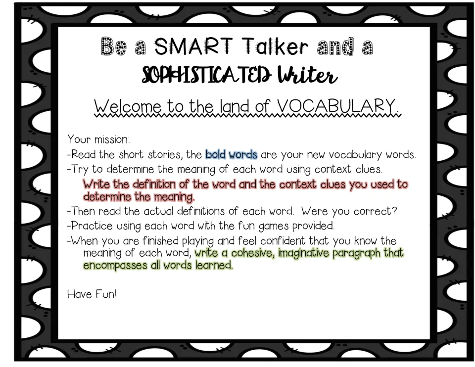 Student directions for inferring word meanings, recording context clues, checking definitions, and writing