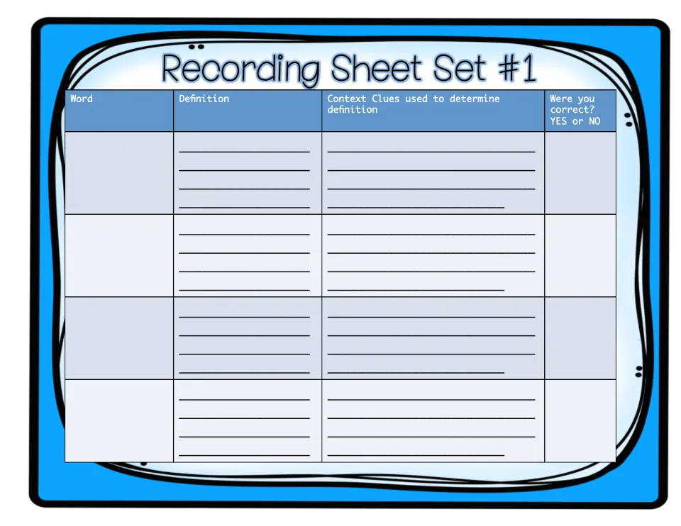 Set 1 recording sheet for four vocabulary words, inferred definitions, context clues, and accuracy checks