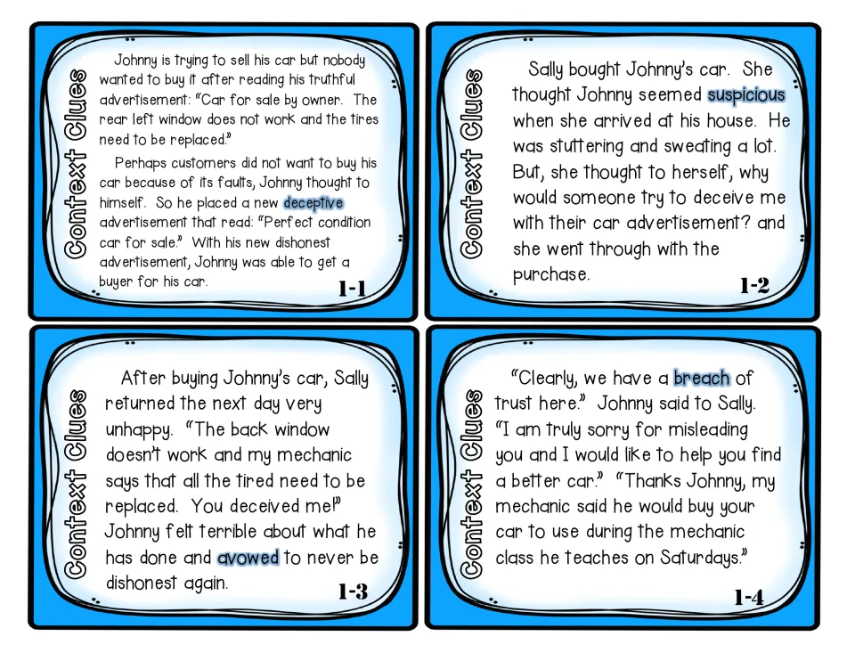Context-clue cards 1-1 through 1-4 tell a car-sale story using deceptive, suspicious, avowed, and breach