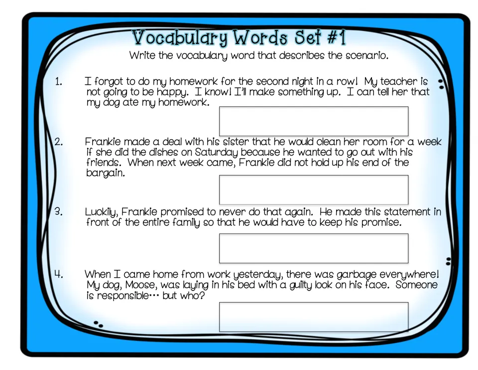 Set 1 practice asks students to name vocabulary words for scenarios about homework, a deal, a promise, and a dog