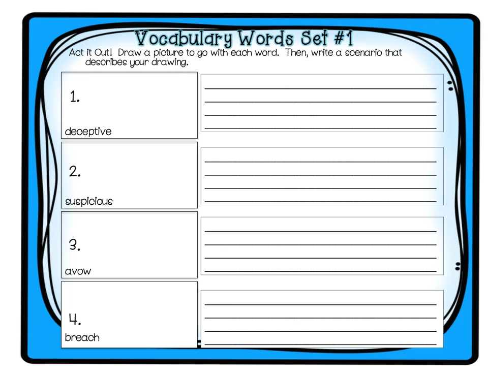 Set 1 drawing and writing activity asks for pictures and scenarios for deceptive, suspicious, avow, and breach