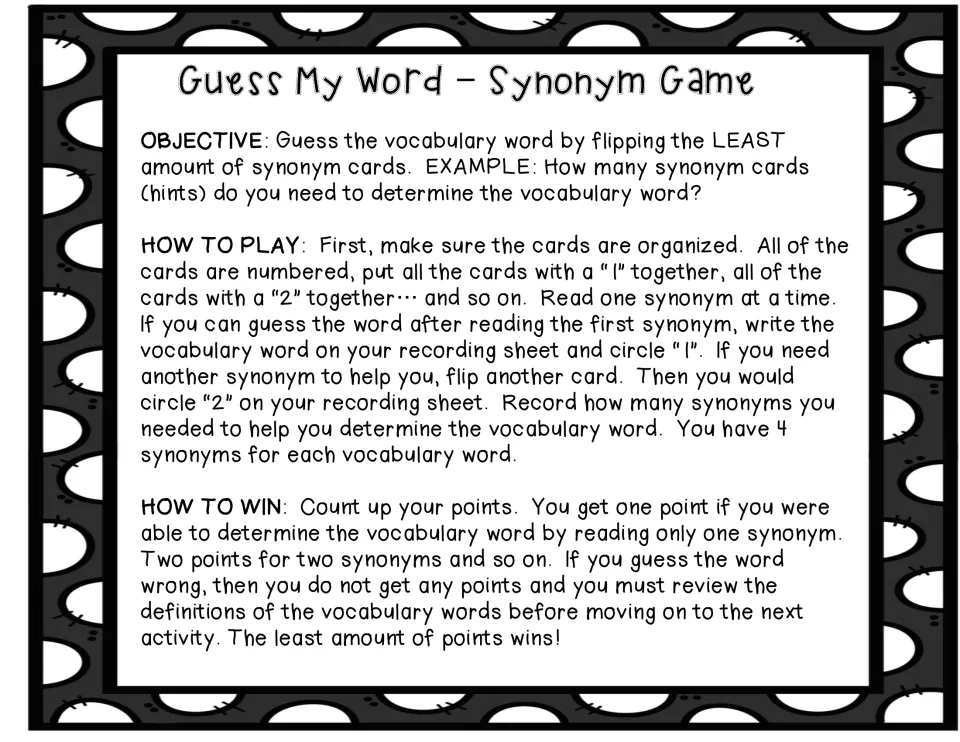 Guess My Word synonym game directions explain using up to four synonym hints per word and recording points