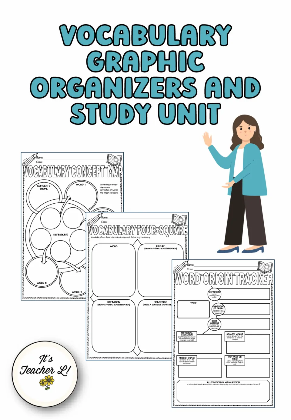 Vocabulary graphic organizers and study unit cover showing a concept map, a four-square and a word origin tracker