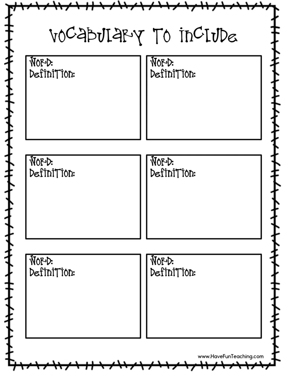 Vocabulary to include in a story: students write six words they plan to use and a definition for each one