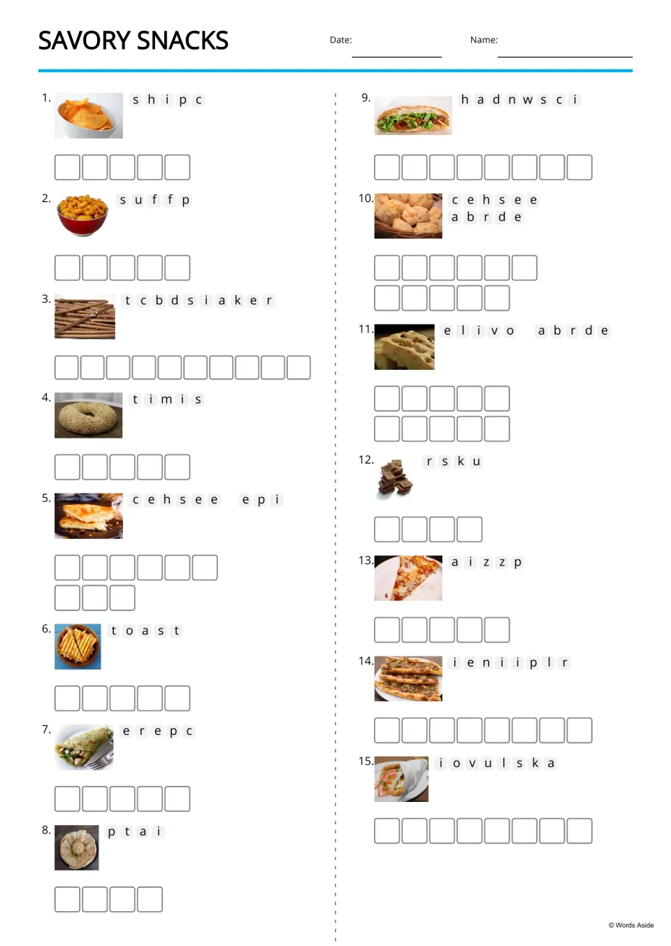 Picture-supported anagrams for 15 snack words, including chips, puffs, breadstick, simit, and cheese pie