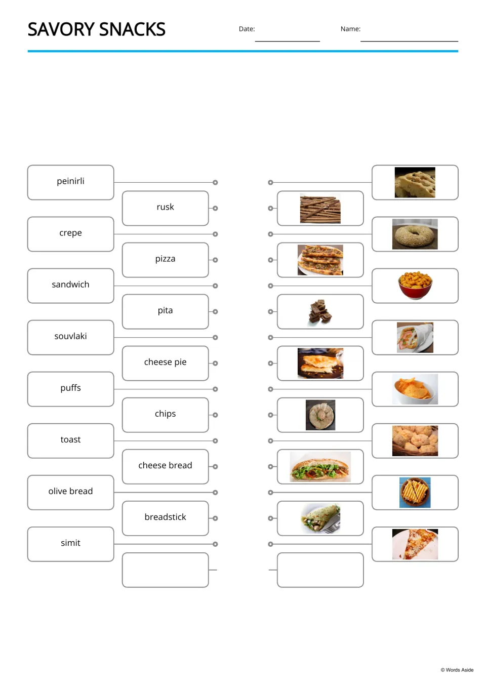 Word-to-picture matching for 15 snack terms, including peinirli, rusk, crepe, pizza, sandwich, and pita