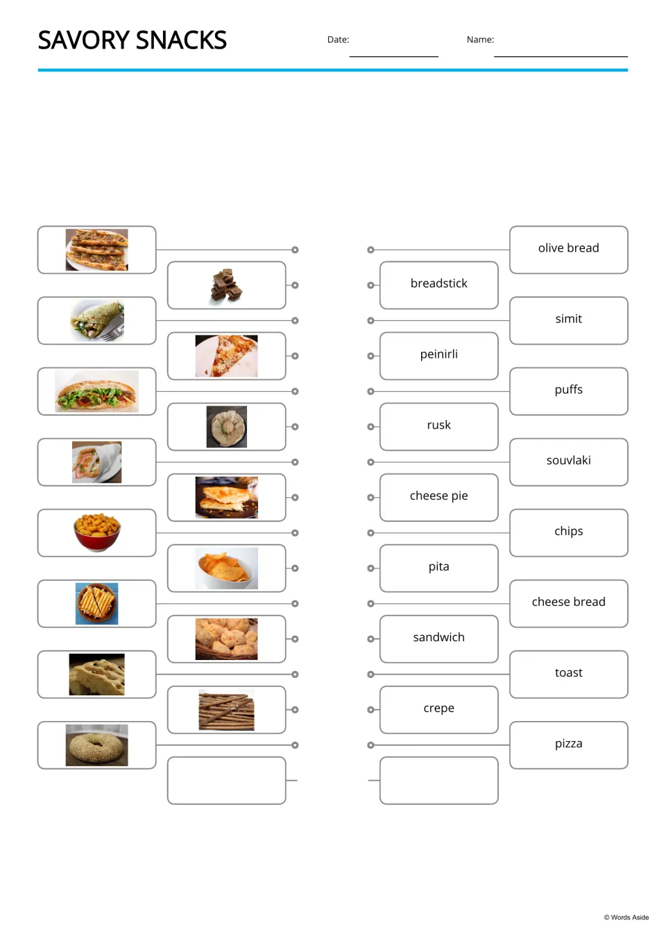 Picture-to-word matching for 15 snacks, including olive bread, breadstick, simit, peinirli, and puffs