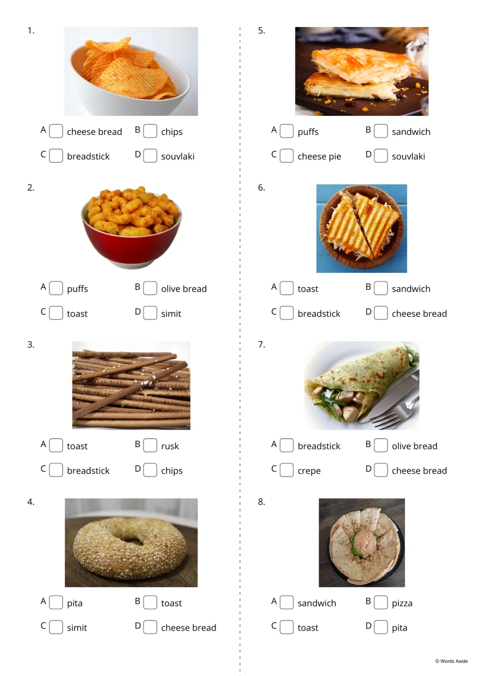 Photo-based multiple-choice questions 1–8 identify chips, puffs, breadstick, simit, and four more snacks