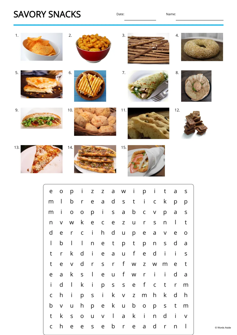 Snack vocabulary word search with 15 numbered photo clues, including chips, puffs, breadstick, and simit