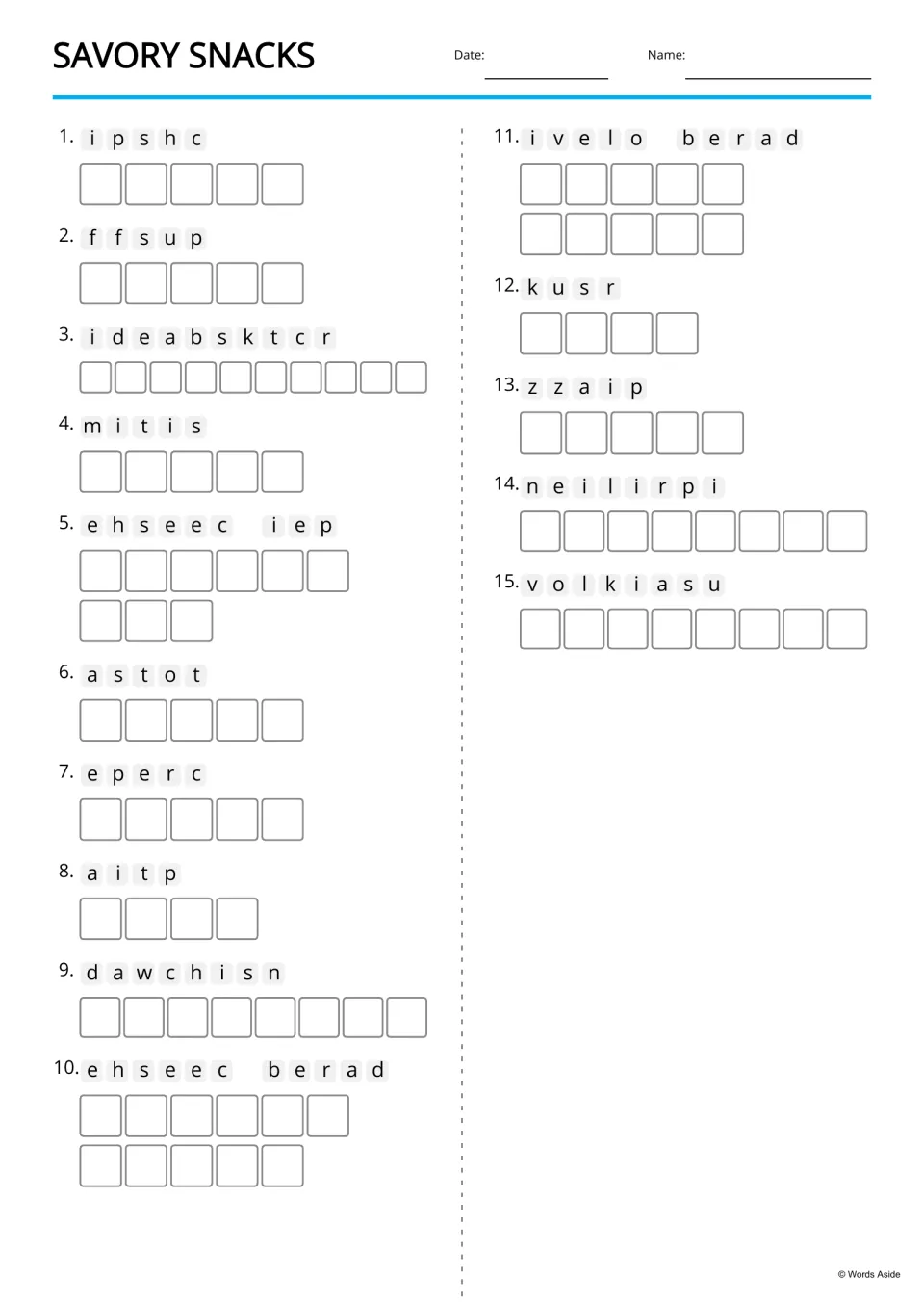 Text-only anagrams for 15 snack terms, including cheese pie, olive bread, rusk, pizza, and souvlaki