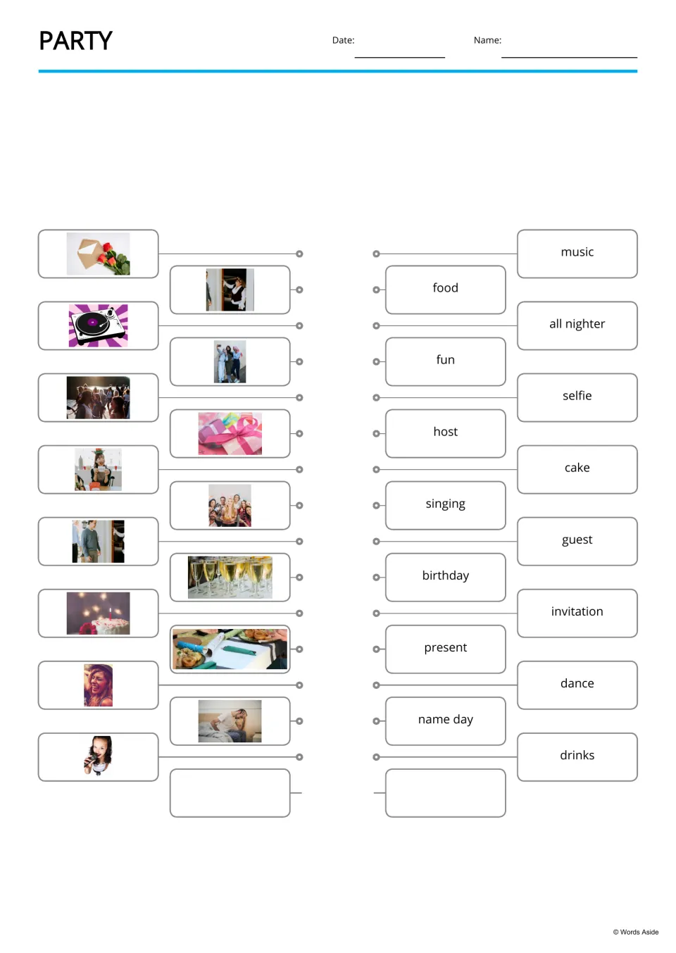 Picture-to-word matching for 15 party terms, including music, food, all nighter, fun, selfie, and host