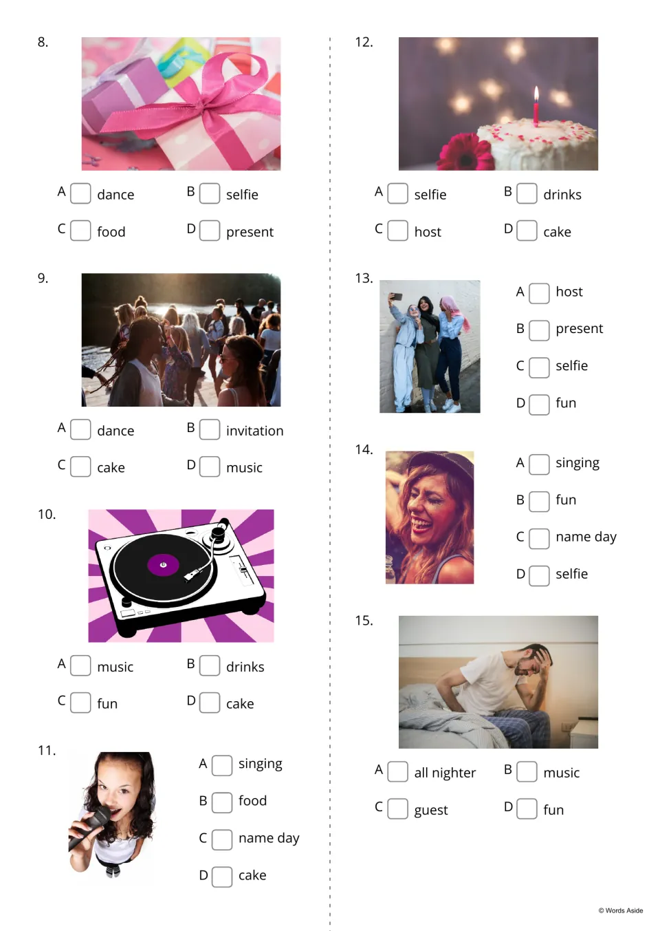 Party picture quiz items 8–15 ask students to choose words for present, dance, music, and five more