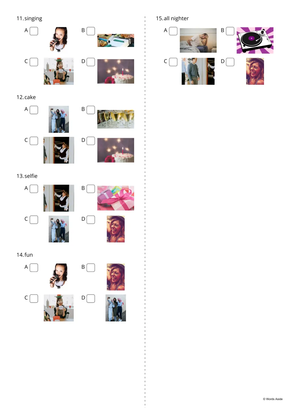 Party word quiz items 11–15 ask students to choose pictures for singing, cake, selfie, fun, and all nighter