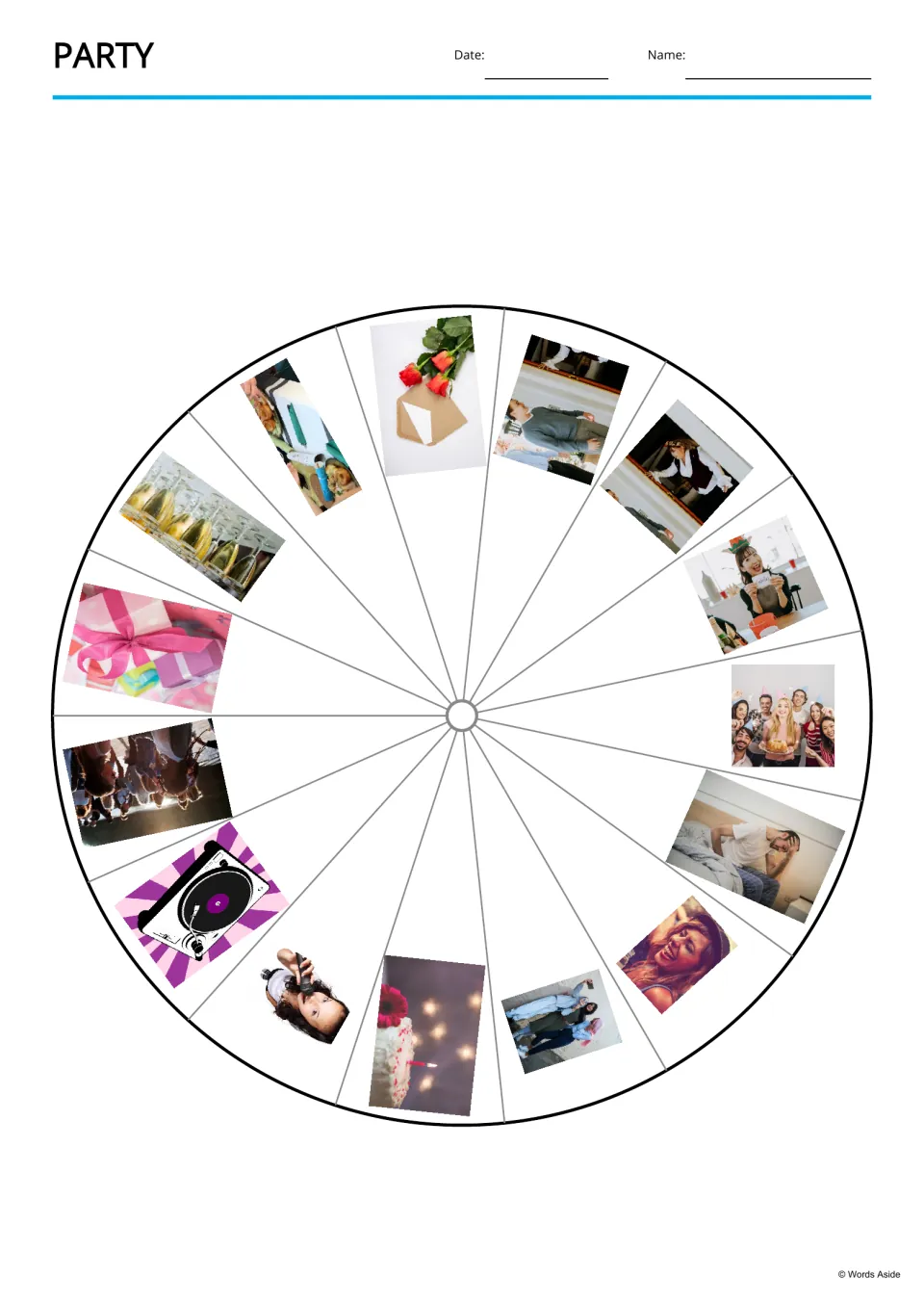 Party vocabulary picture wheel shows all 15 terms, including invitation, guest, host, birthday, and cake