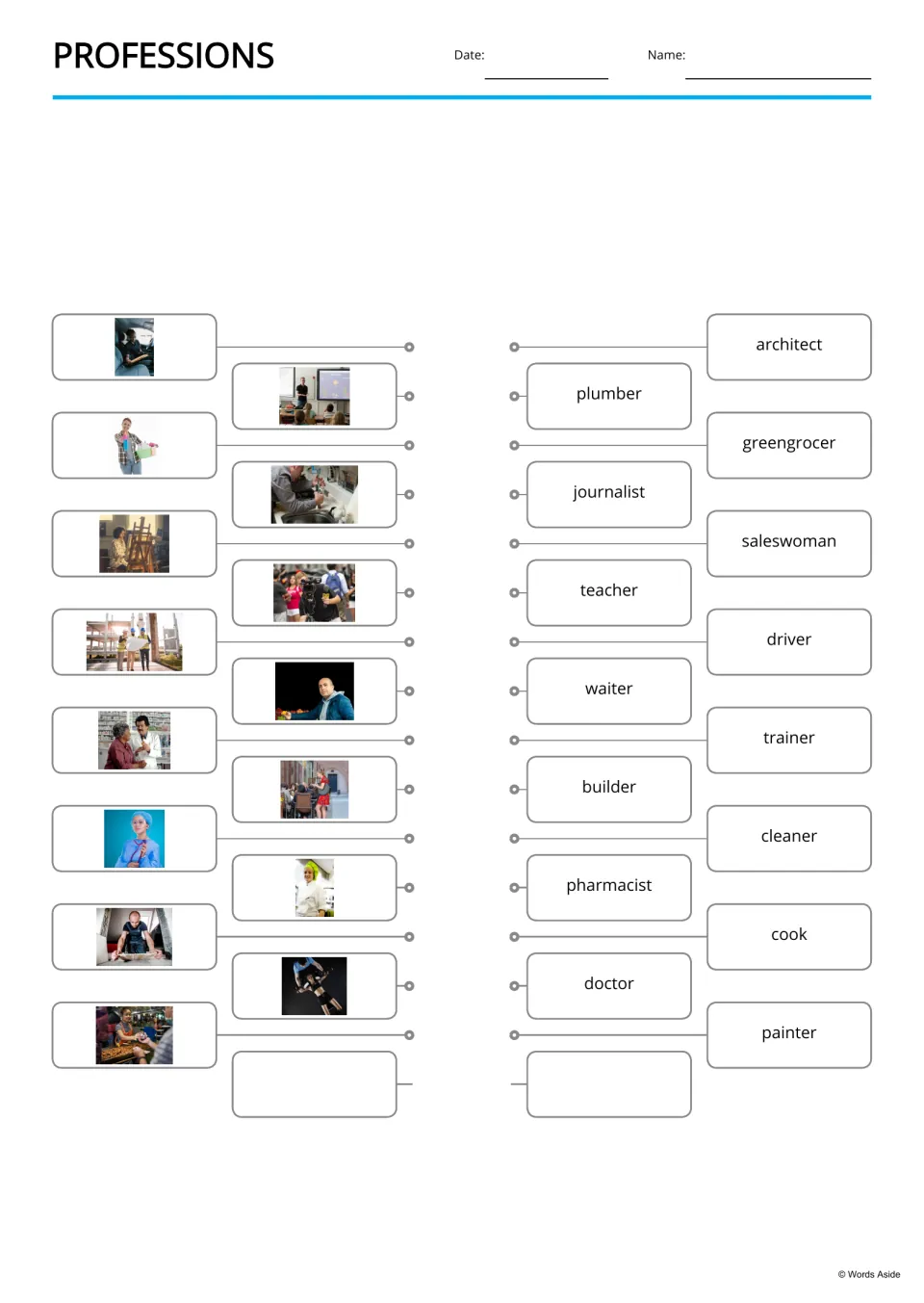 Professions picture-to-word matching uses 15 job photos and labels, including architect, plumber and cook