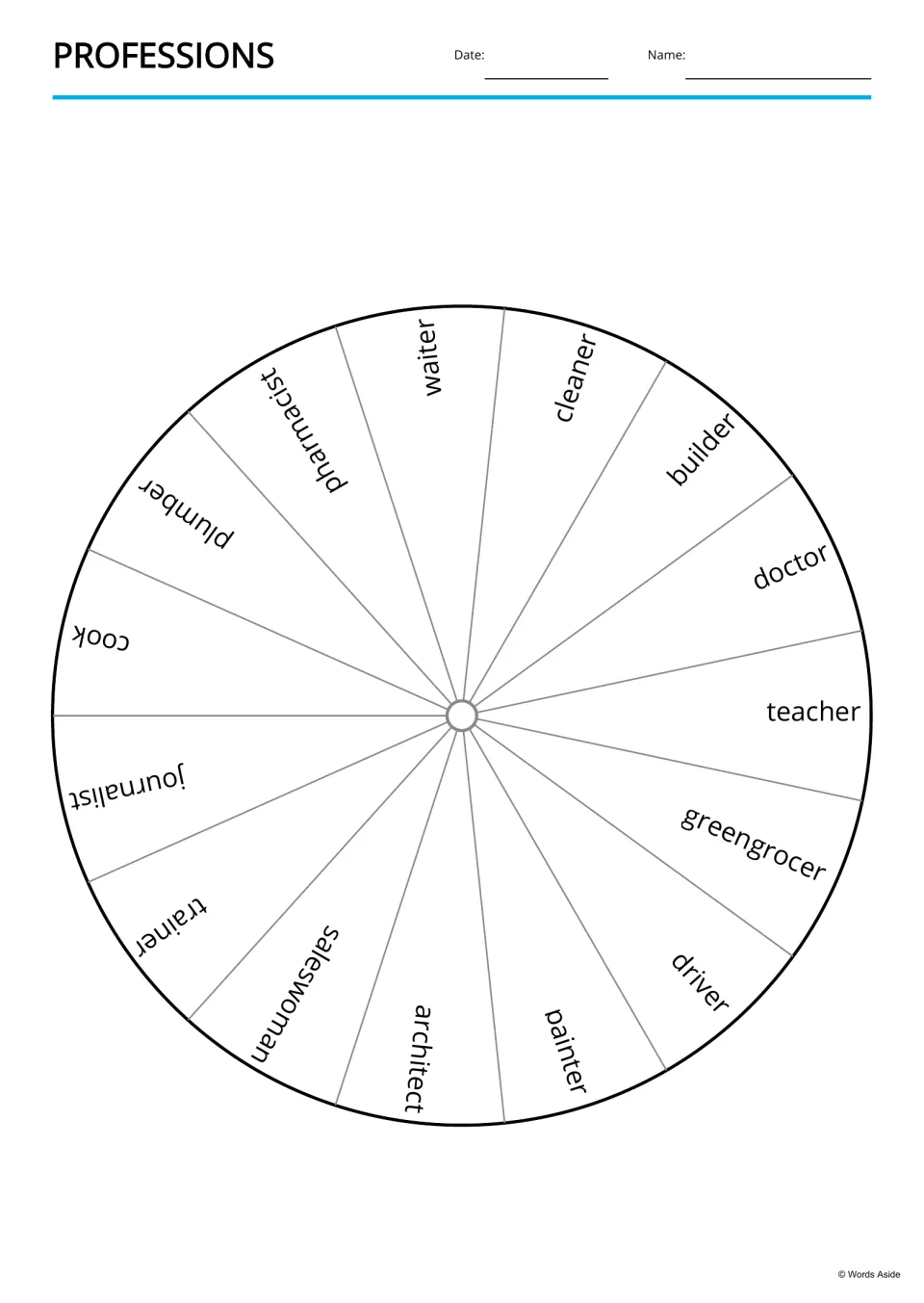 Professions word wheel labels all 15 jobs, including teacher, greengrocer, driver, painter and architect