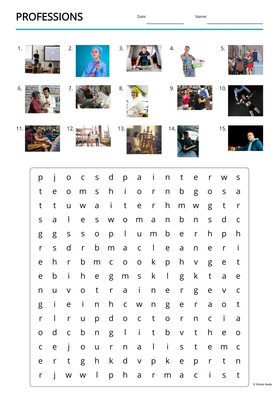 Professions word search uses 15 numbered job photos as clues, including teacher, doctor and greengrocer